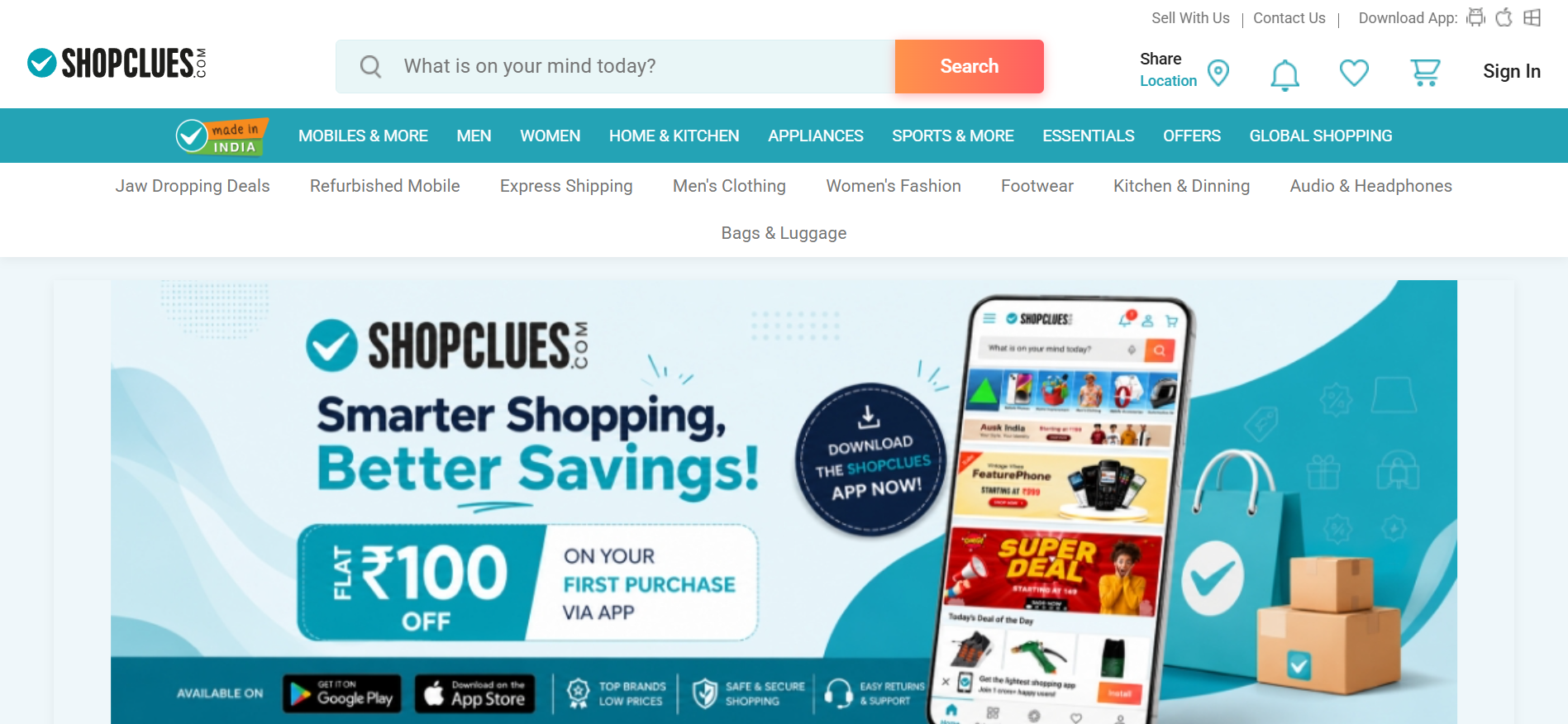 ShopClues desktop homepage with navigation, search, and promotional content