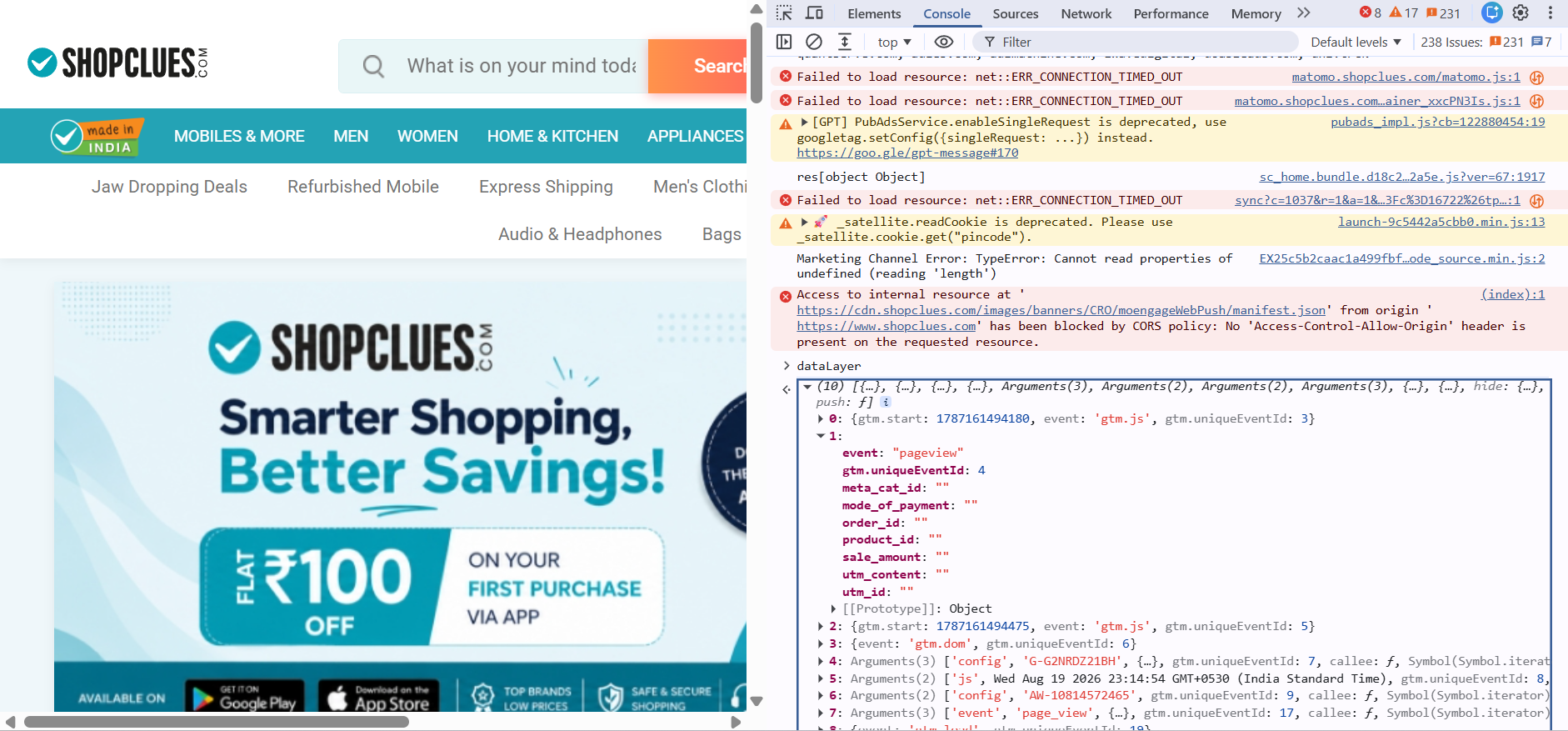 ShopClues homepage with browser developer tools showing GTM events