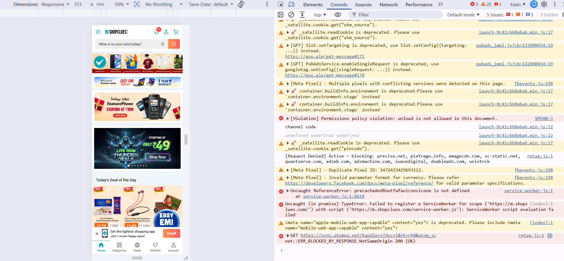 ShopClues mobile storefront displayed in a desktop browser