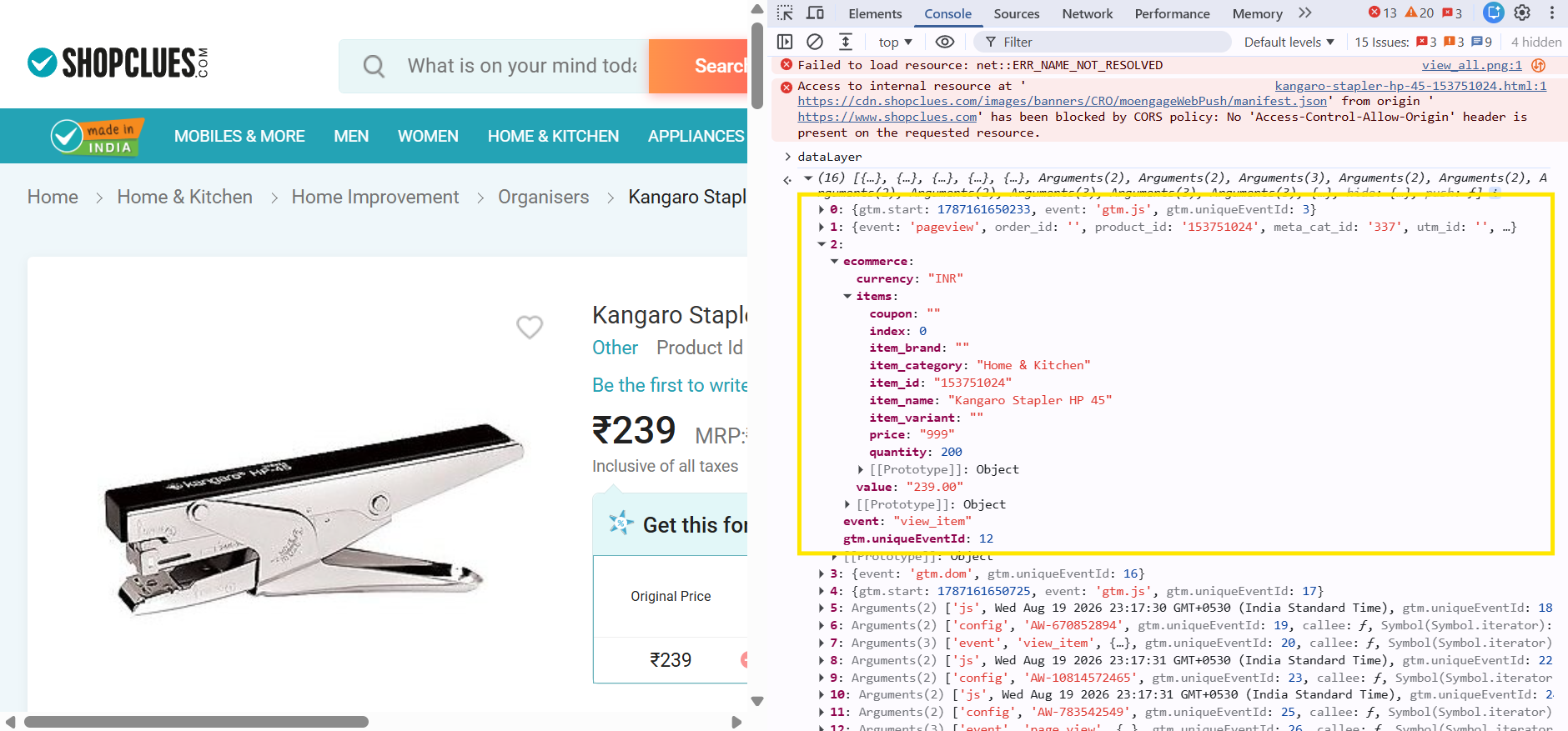 ShopClues product page with GTM implementation being inspected